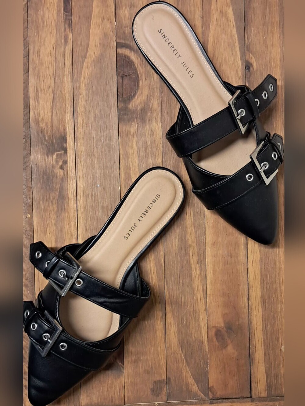 Sincerely Jules Black Leather Double Buckle Pointed Toe Mules / Slides